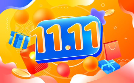 E-commerce, double eleven shopping promotion with gift boxes and red envelopes in the background, vector illustrationのイラスト素材