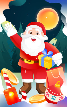 Christmas, Santa Claus delivering gifts, happy eve, pine trees and forest in the background, vector illustrationのイラスト素材