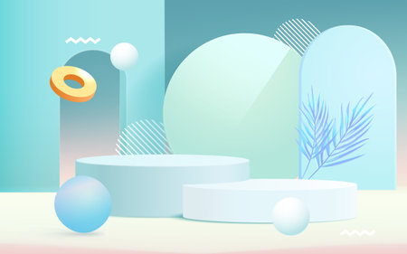 3D scene, e-commerce product booth, simple three-dimensional background, vector illustrationのイラスト素材
