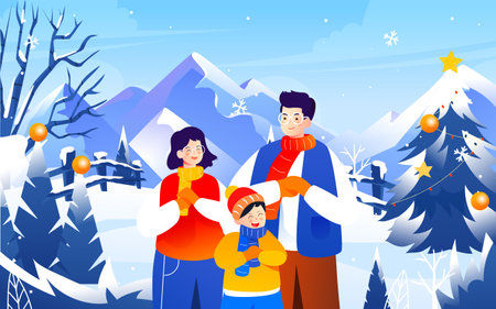Family exercising outdoors in winter with trees and snowy mountains in the background, vector illustrationのイラスト素材