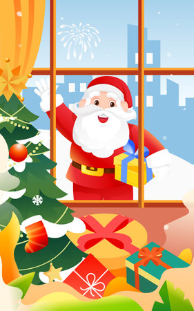 Santa Claus delivering gifts on Christmas Eve in winter with Christmas tree and windows in the background, vector illustrationのイラスト素材