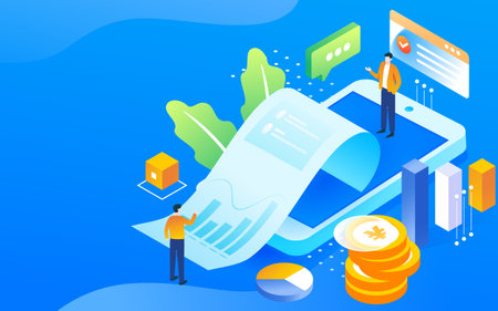 Financial insurance policy, annual bill for investment and financial management, with mobile phone and various data in the background, vector illustrationのイラスト素材