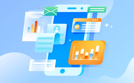 Financial insurance policy, annual bill for investment and financial management, with mobile phone and various data in the background, vector illustrationのイラスト素材