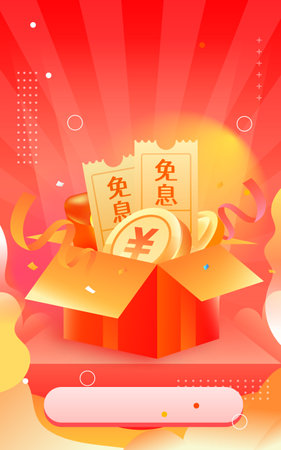 Financial planning scene, the background is a gift box with a lot of gold coins and various coupons, vector illustrationのイラスト素材