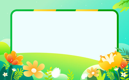 Travel outdoors in spring with mountains and meadows in the background and flowers and trees in the foreground, vector illustrationのイラスト素材