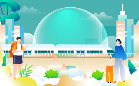 People go out for travel in spring, city buildings and transport in the background, vector illustrationのイラスト素材