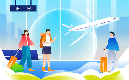 People go out for travel in spring, city buildings and transport in the background, vector illustrationのイラスト素材