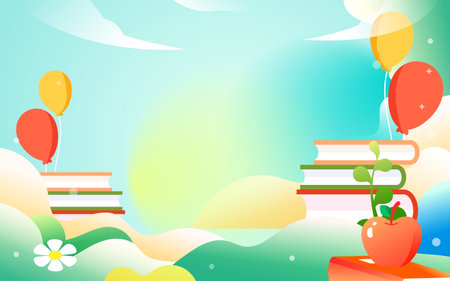 Parents guide their children to read and study, the background is various books and plants, vector illustrationのイラスト素材