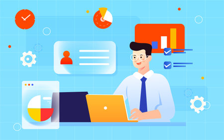 Recruiters of the company are looking for employees, against the background of various data and indicators, vector illustrationのイラスト素材