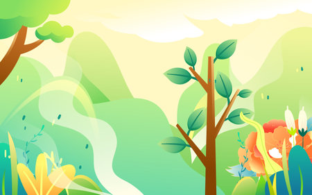 Arbor day people are planting trees with flowers and trees in the background, vector illustrationのイラスト素材