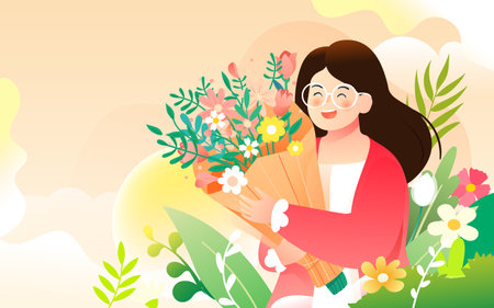 March 8 International Women's Day, girls surrounded by flowers, background with various flowers and plants, vector illustrationのイラスト素材