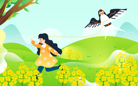 Kid flying a kite outdoors in spring with mountains and plants in the background, vector illustrationのイラスト素材