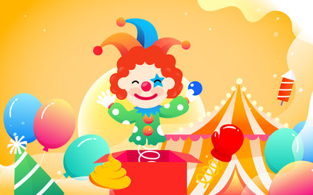 Clown juggling on stage with stage and trick props in background, vector illustrationのイラスト素材