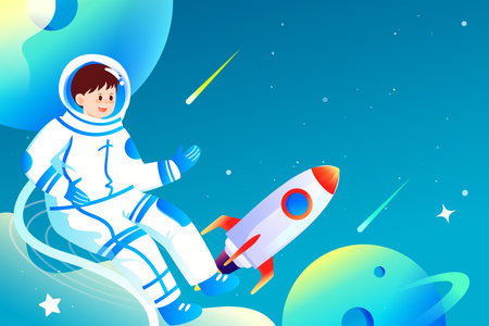 World Space Day, Astronaut travels in space with planet and universe in the background, vector illustrationのイラスト素材