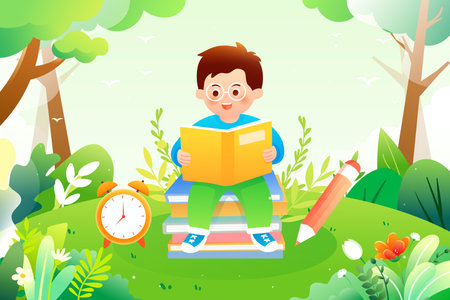 World book day, little kid reading with a book in his hands, forest and plants in the background, vector illustrationのイラスト素材