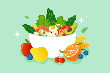 World food day, a bunch of healthy food fruits with vegetable leaves, apples, bananas, oranges, pears, grapes, etc., vector illustrationのイラスト素材