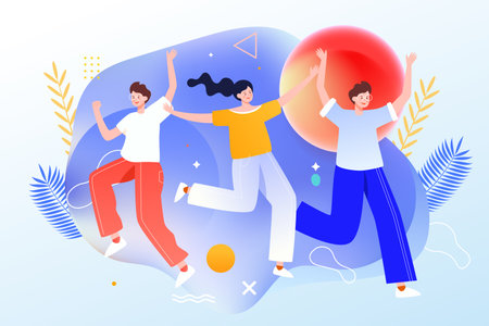 May 4th International Youth Day, young people happy celebrating together, background with building land and plants, vector illustrationのイラスト素材