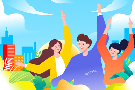 May 4th International Youth Day, young people happy celebrating together, background with building land and plants, vector illustrationのイラスト素材