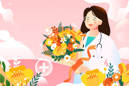 International nurses day, nurse holding love flower with flowers and medical supplies in background, vector illustrationのイラスト素材