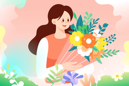 Mother's day, mother hugging still surrounded by flowers, background with flowers and plants, vector illustrationのイラスト素材