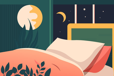 World sleep day, girl sleeping in bed with flowers and plants in the background, vector illustrationのイラスト素材