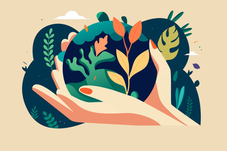 Earth hour, hands holding the globe, with plants and trees in the background, vector illustrationのイラスト素材