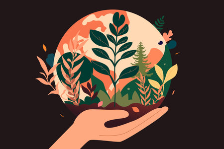 Earth hour, hands holding the globe, with plants and trees in the background, vector illustrationのイラスト素材