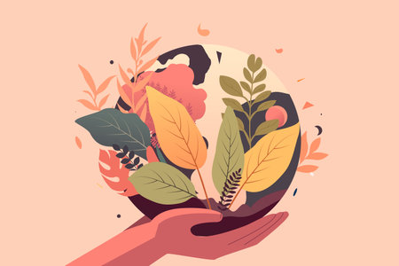 Earth hour, hands holding the globe, with plants and trees in the background, vector illustrationのイラスト素材