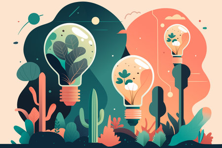 Earth hour, light bulb with planet and plants inside, plants and trees in the background, vector illustrationのイラスト素材