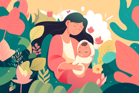 Mother hugs her baby on a background of plants and flowers, vector illustrationのイラスト素材
