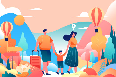 May 1st labor day holiday a family drives out to travel, with plants and mountains in the background, vector illustrationのイラスト素材