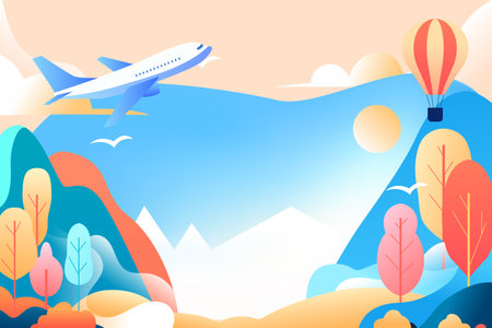 May 1st labor day holiday a family drives out to travel, with plants and mountains in the background, vector illustrationのイラスト素材