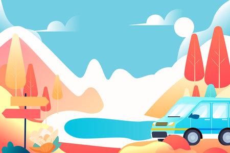 May 1st labor day holiday a family drives out to travel, with plants and mountains in the background, vector illustrationのイラスト素材