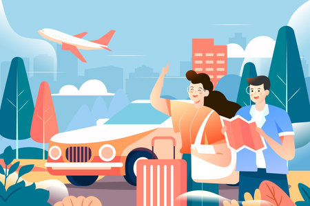 May 1st labor day holiday a family drives out to travel, with city buildings and mountains in the background, vector illustrationのイラスト素材