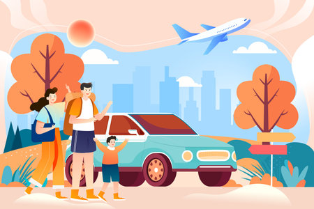 May 1st labor day holiday a family drives out to travel, with city buildings and mountains in the background, vector illustrationのイラスト素材