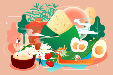 Rice Dumplings for Dragon Boat Festival with rice dumplings and dragon boats in the background, vector illustrationのイラスト素材