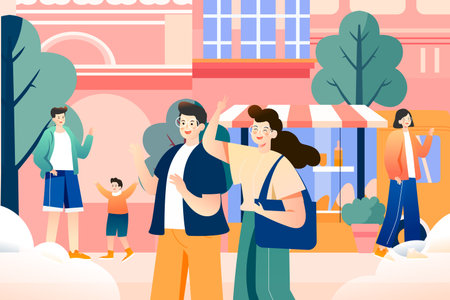 Vacation couples go shopping together in the street, with shops and streets in the background, vector illustrationのイラスト素材