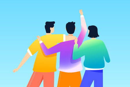 Group of friends partying together with buildings and plants in the background, vector illustrationのイラスト素材