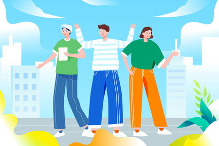Group of friends partying together with buildings and plants in the background, vector illustrationのイラスト素材