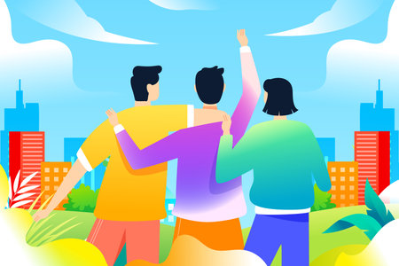 Group of friends partying together with buildings and plants in the background, vector illustrationのイラスト素材