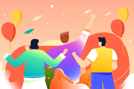 Group of friends partying together with buildings and plants in the background, vector illustrationのイラスト素材