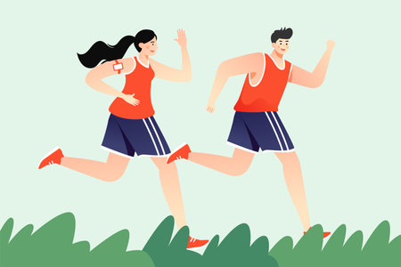 People running for fitness to lose weight, running track and plants in the background, vector illustrationのイラスト素材