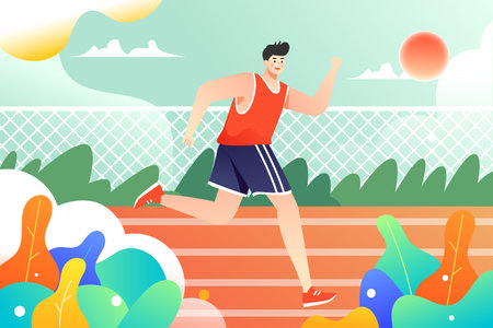 People running for fitness to lose weight, running track and plants in the background, vector illustrationのイラスト素材