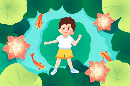 Cute Little Boy Playing with Colorful Lotus Flowers in Pond Cartoon Vector Illustrationのイラスト素材