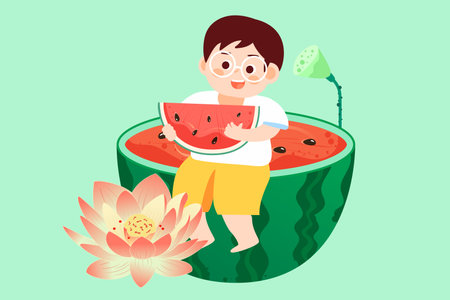 Boy eating watermelon in a bowl. Vector illustration in cartoon style.のイラスト素材
