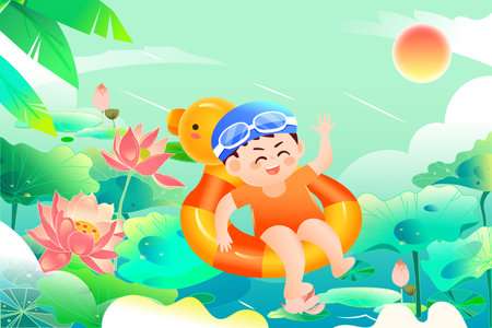 Boy swimming in the pond with a rubber ring. Vector illustration.のイラスト素材