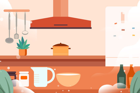 Kitchen interior with furniture and kitchenware. Flat style vector illustration.のイラスト素材