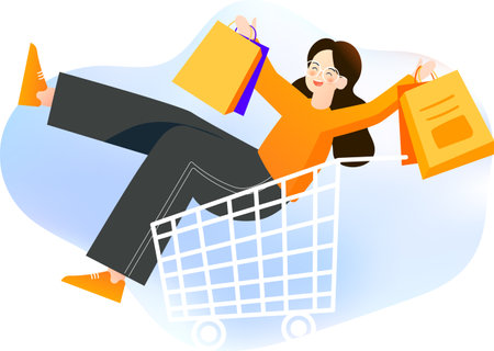 People shopping online with mobile phone and shopping cart in the background, vector illustrationのイラスト素材