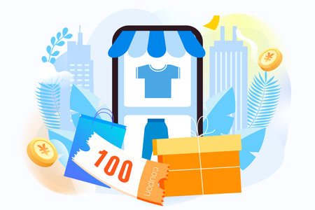 People shopping online with mobile phone and shopping cart in the background, vector illustrationのイラスト素材