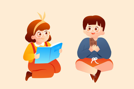 Girl and boy reading book together. Vector illustration in cartoon style.のイラスト素材
